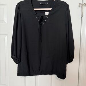 New York & Company Black Lace-Up Peasant Top